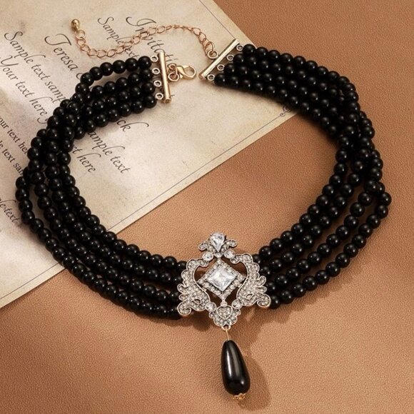 Multilayer Pearl Cluster Bib Elegant Choker Necklace Crystal Black Pearls - Picture 3 of 7